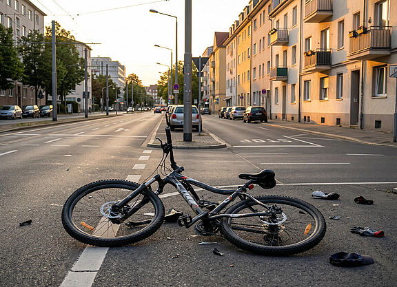 Fahrrad liegt auf der Kreuzung Unfallsituation